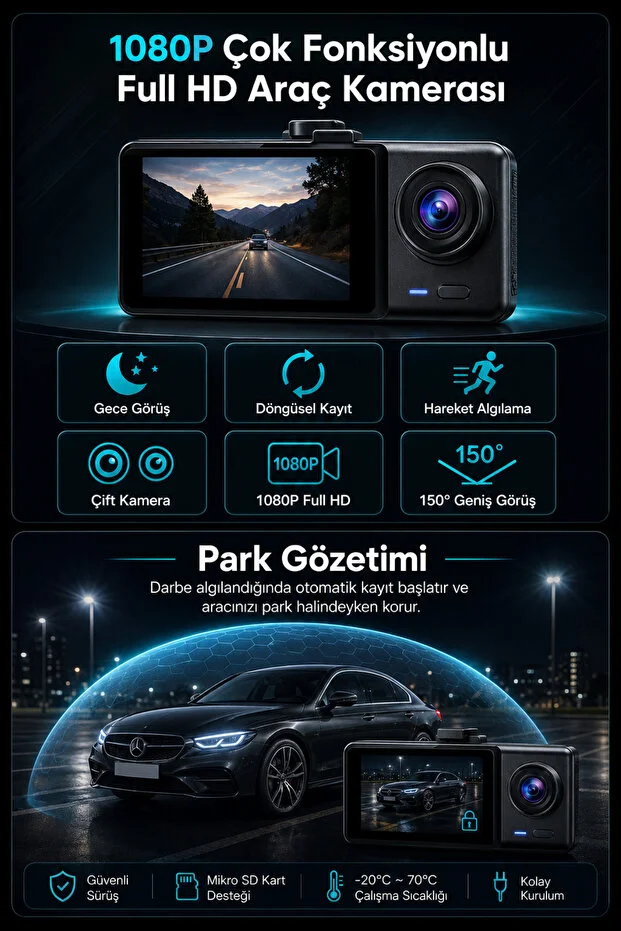 Araç İçi HD Kamera 3 Kameralı Wifi Özellikli 1080P Full HD Gece Görüşlü G-Sensör Dashcam